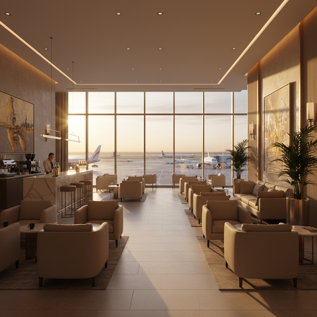 Salon VIP aéroportuaire luxueux avec vue panoramique sur le tarmac