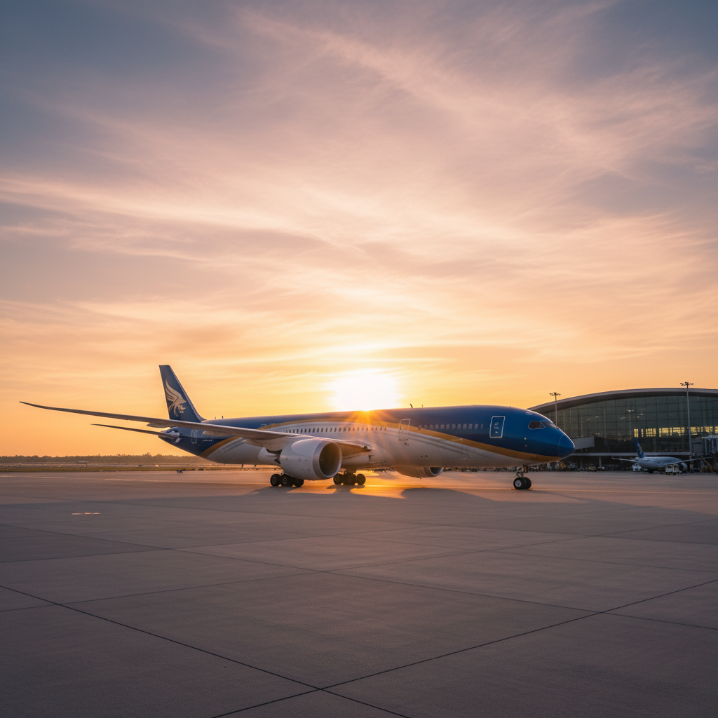 Avion commercial sur le tarmac au coucher du soleil